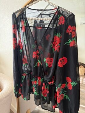 Express Black Sheer Wrap Blouse with Red Floral Print